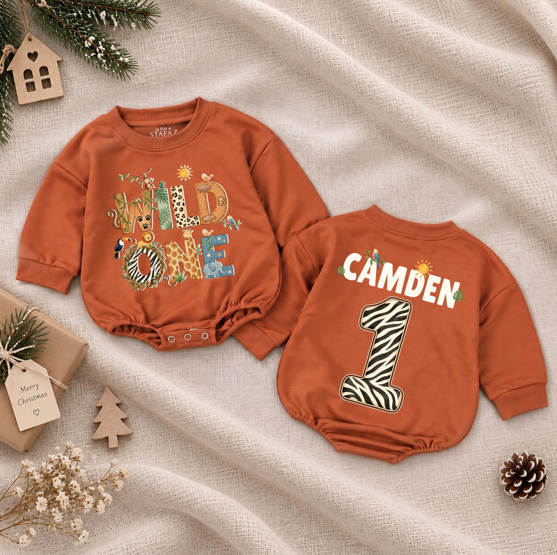 Wild One Safari Baby Romper with Jungle Animal Print, Custom Name and Number for 1st Birthday, Tropical Milestone Outfit