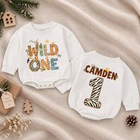 Wild One Safari Baby Romper with Jungle Animal Print, Custom Name and Number for 1st Birthday, Tropical Milestone Outfit