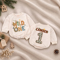 Wild One Safari Baby Romper with Jungle Animal Print, Custom Name and Number for 1st Birthday, Tropical Milestone Outfit