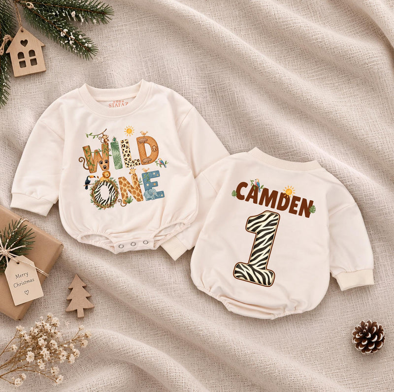 Wild One Safari Baby Romper with Jungle Animal Print, Custom Name and Number for 1st Birthday, Tropical Milestone Outfit