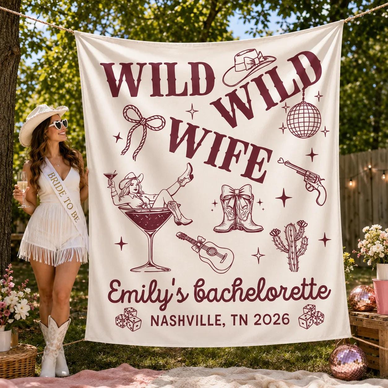 Wild Wild Wife Silk Banner with Cowgirl Motifs, Custom Bachelorette Party Decor, Nashville Last Rodeo Theme, Personalized Text