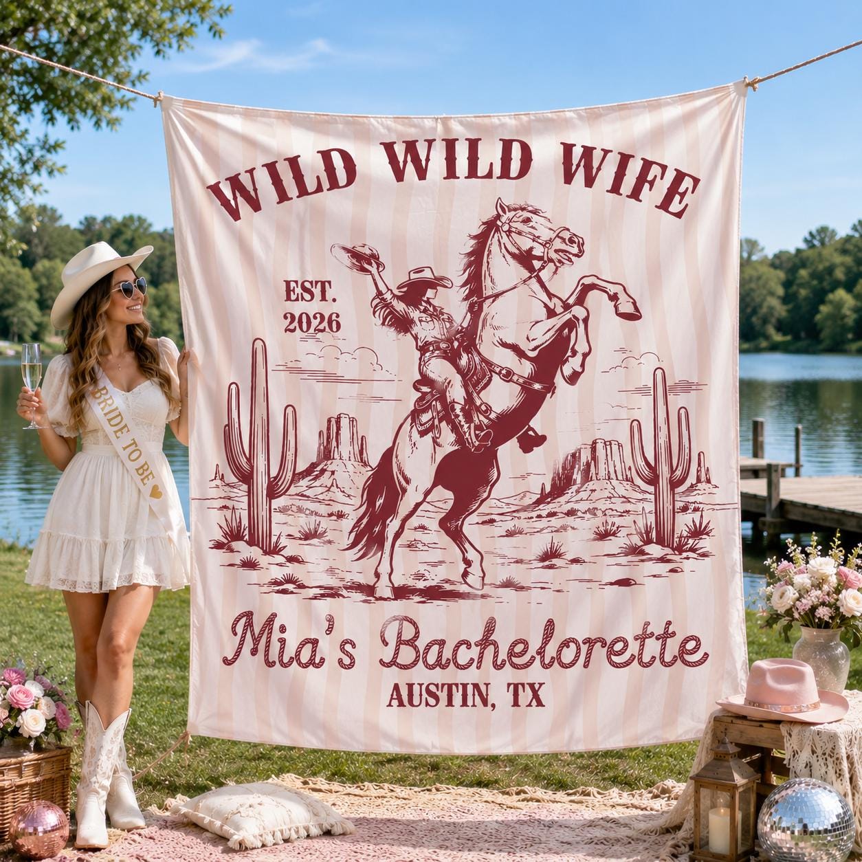 Wild Wild Wife Western Bachelorette Party Silk Banner with Custom Name, Cowgirl Bridal Shower Decor, Nashville or Austin Bach Party