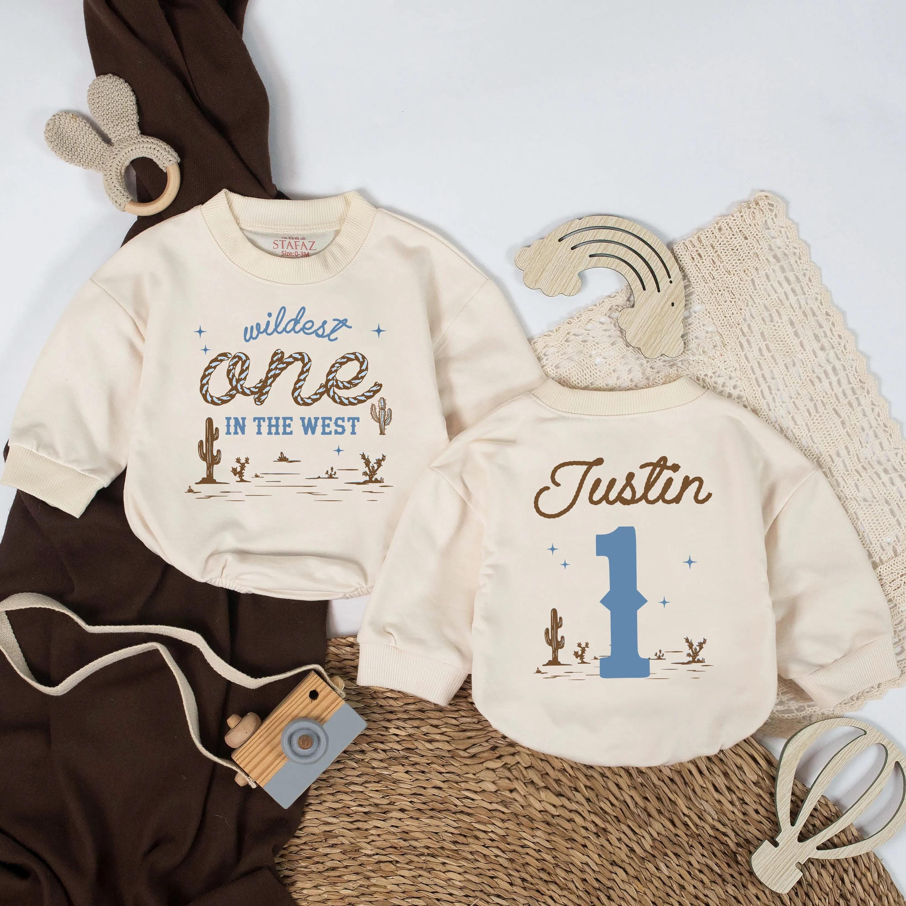 Wildest One in the West Baby Romper with Cactus Artwork and Custom Name, Cowboy 1st Birthday Outfit for Cake Smash and Photos