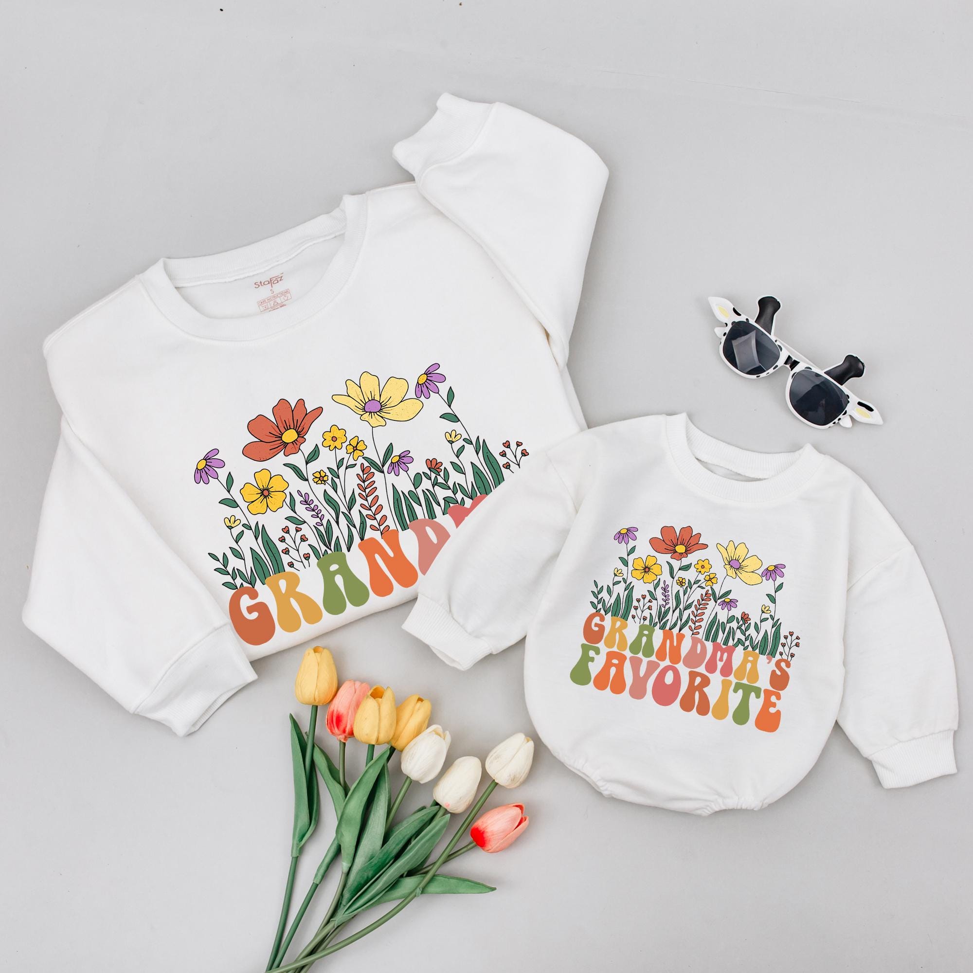 Wildflower Grandma Sweatshirt and Romper Matching Outfit, Boho Floral Grandma and Me Clothes with Custom Quotes for Special Moments