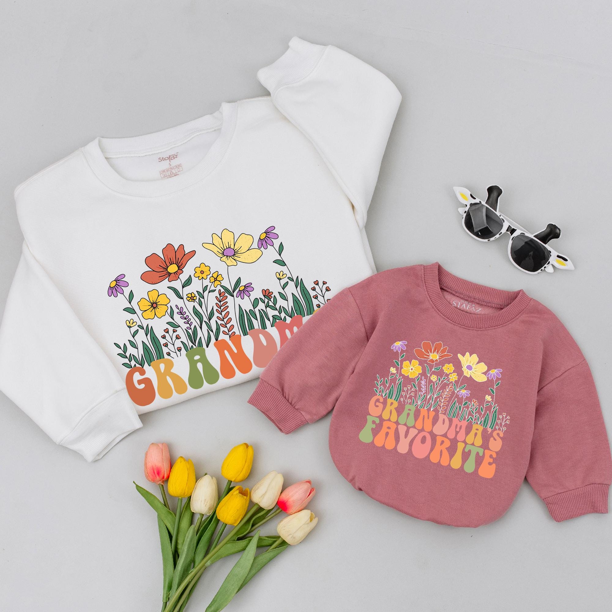 Wildflower Grandma Sweatshirt and Romper Matching Outfit, Boho Floral Grandma and Me Clothes with Custom Quotes for Special Moments