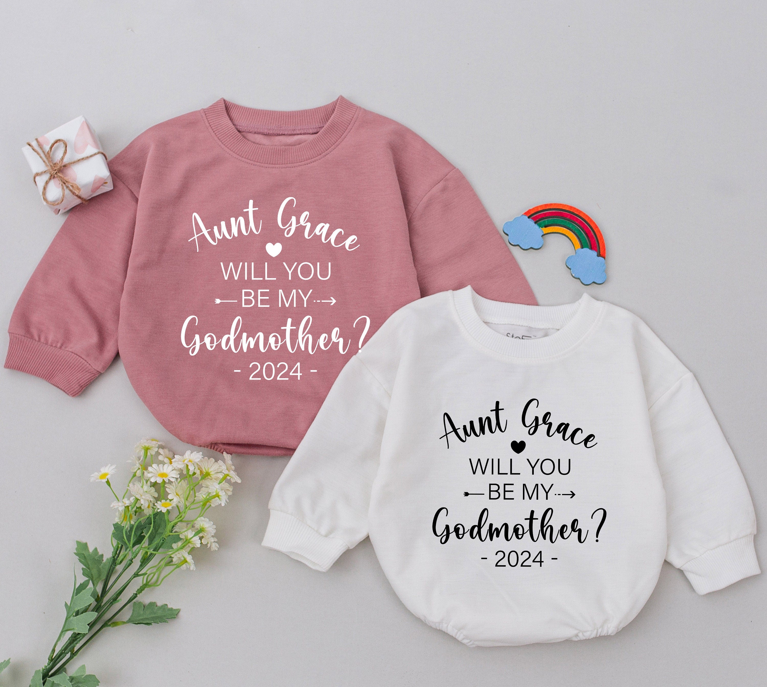 Will You Be My Godmother Romper Custom Baby Gift for 2024 Girls Boys Newborns Elegant Script Mother's Day Announcement Outfit