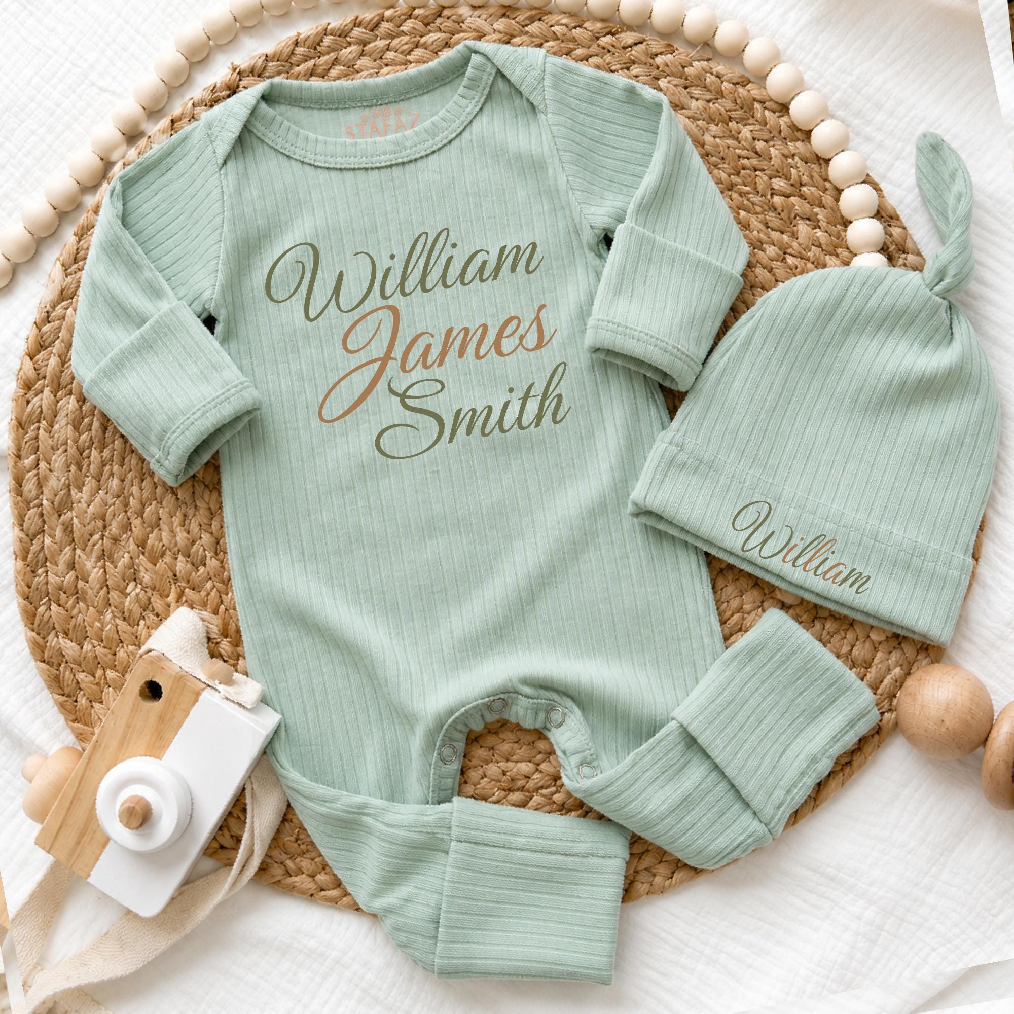 William James Smith Baby Bodysuit and Hat Set, Personalized Newborn Coming Home Outfit, Custom Name Hospital Take-Home Clothes