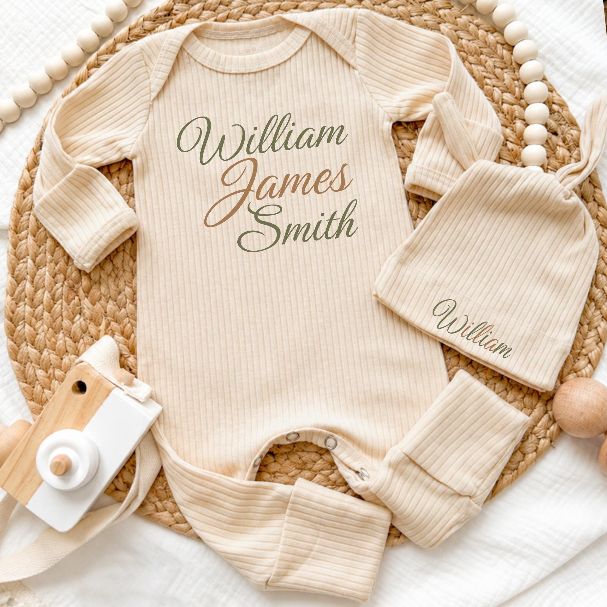 William James Smith Baby Bodysuit and Hat Set, Personalized Newborn Coming Home Outfit, Custom Name Hospital Take-Home Clothes