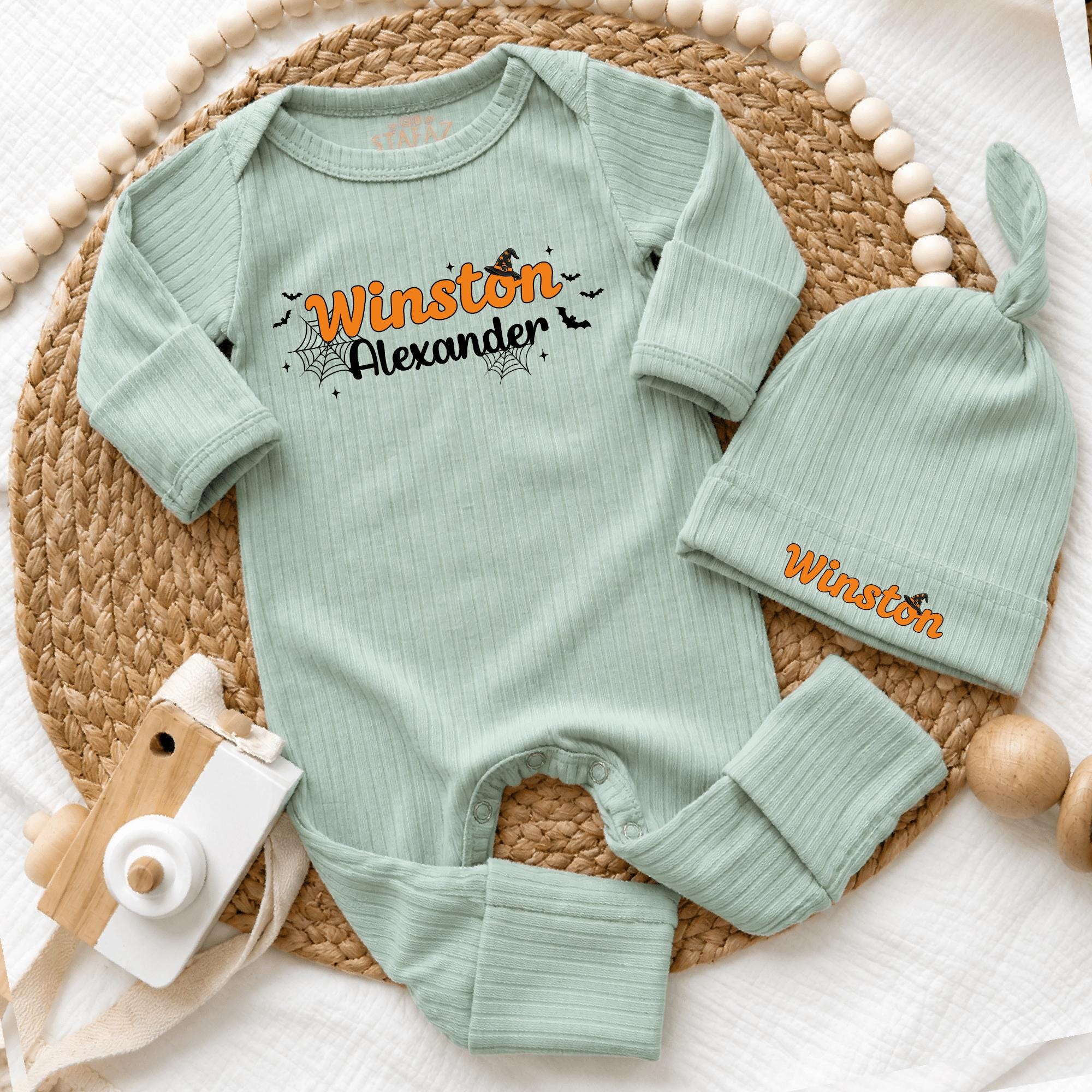Winston Halloween Baby Bodysuit with Spider Web Design and Matching Name Hat, Newborn Spooky Season Coming Home Outfit