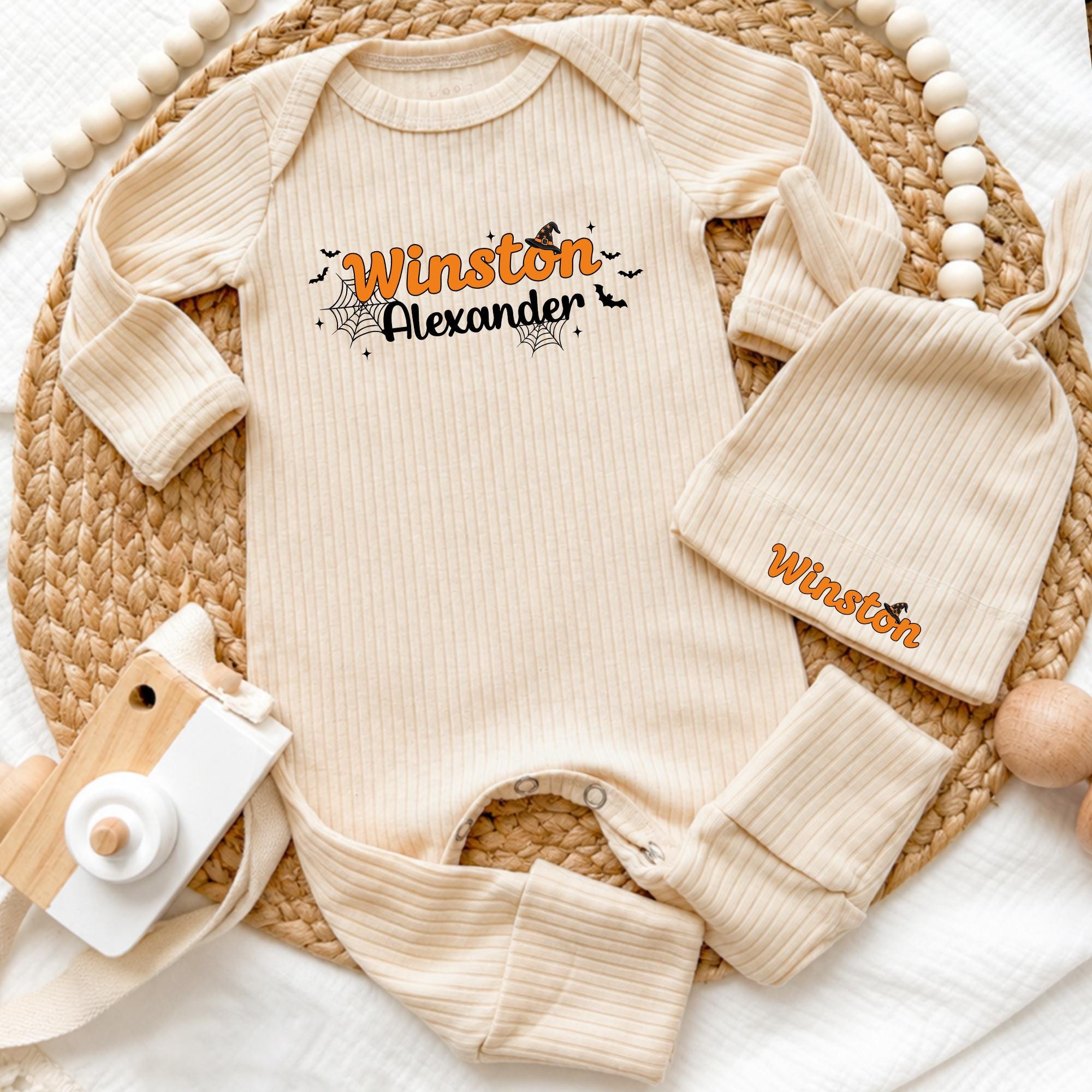 Winston Halloween Baby Bodysuit with Spider Web Design and Matching Name Hat, Newborn Spooky Season Coming Home Outfit
