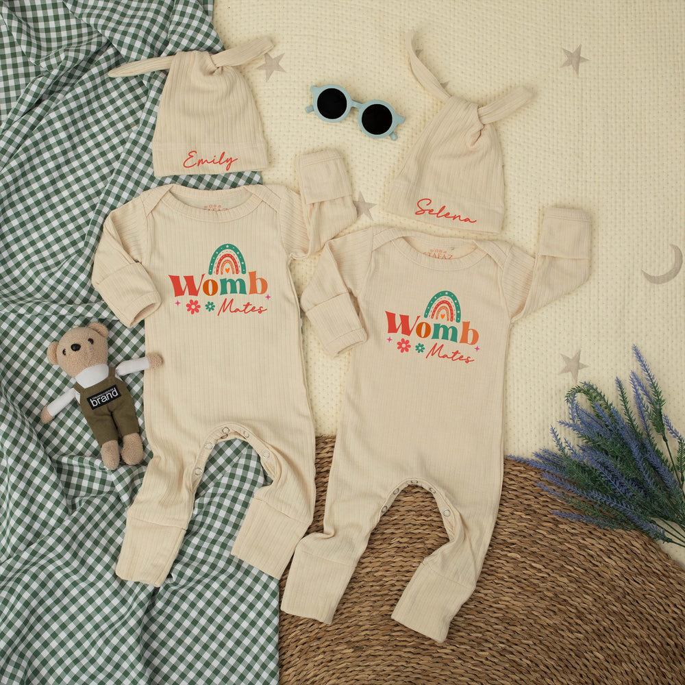 Womb Mates Twin Baby Outfit with Retro Rainbow Design Personalized Hat Custom Funny Newborn Rompers Cute Gift for Twins Baby Shower