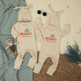 Womb Mates Twin Baby Outfit with Retro Rainbow Design Personalized Hat Custom Funny Newborn Rompers Cute Gift for Twins Baby Shower