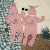 Womb Mates Twin Baby Outfit with Retro Rainbow Design Personalized Hat Custom Funny Newborn Rompers Cute Gift for Twins Baby Shower