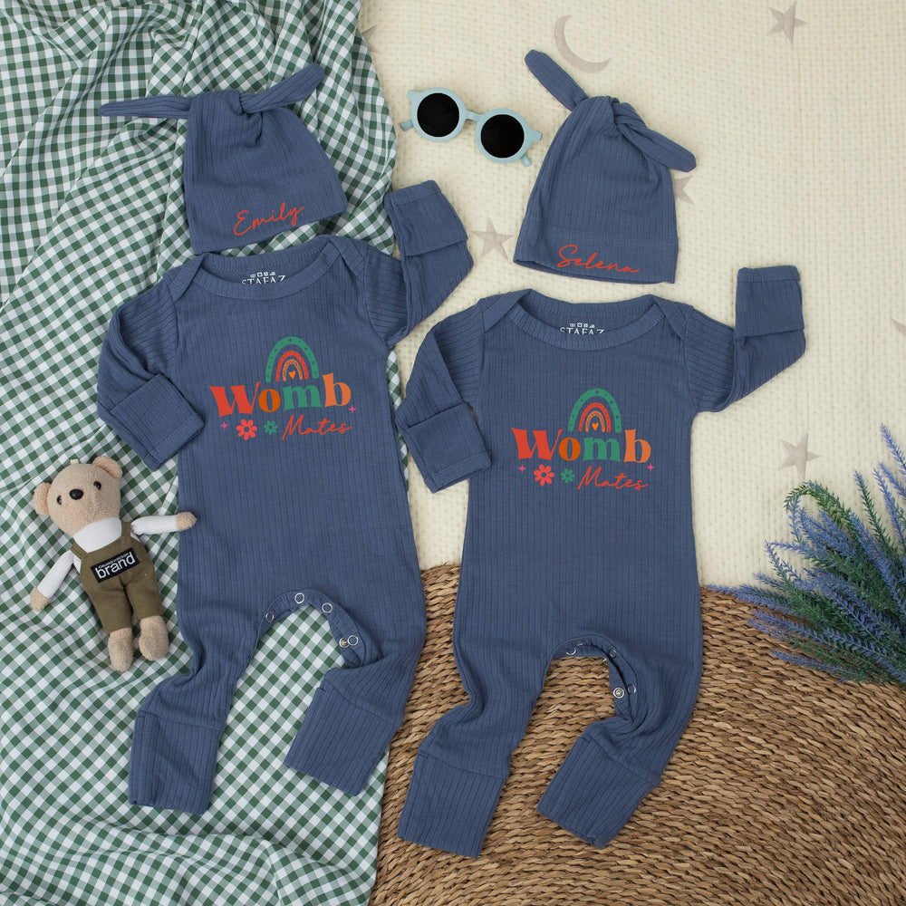 Womb Mates Twin Baby Outfit with Retro Rainbow Design Personalized Hat Custom Funny Newborn Rompers Cute Gift for Twins Baby Shower