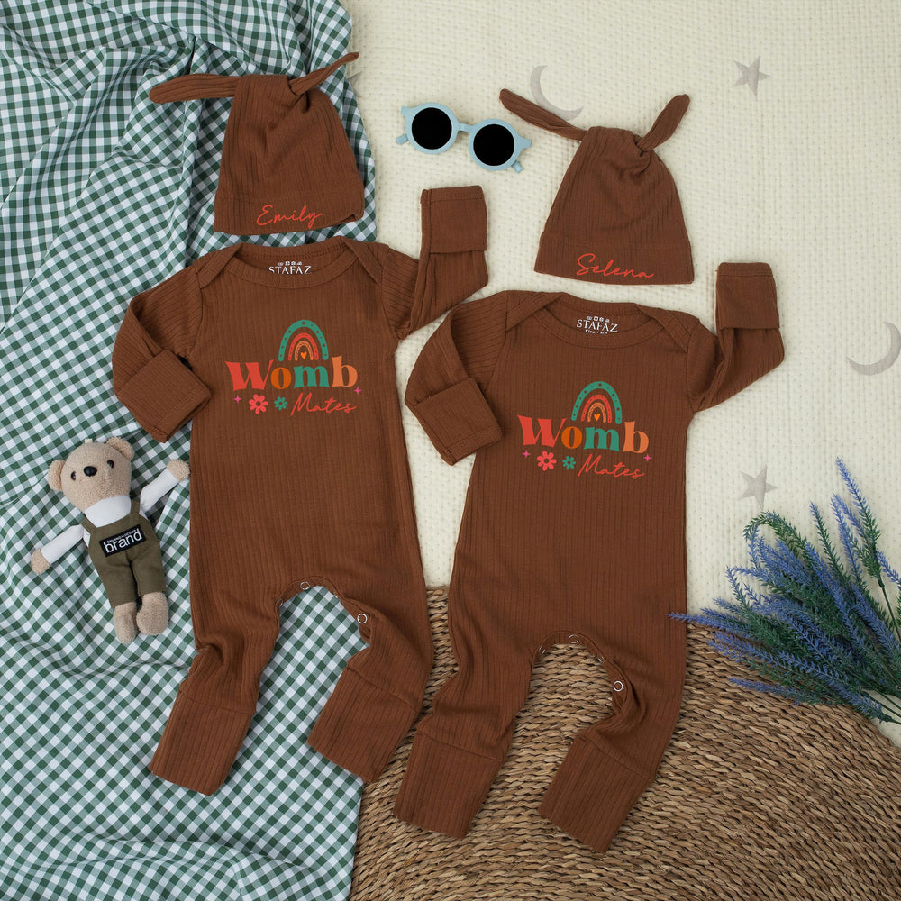 Womb Mates Twin Baby Outfit with Retro Rainbow Design Personalized Hat Custom Funny Newborn Rompers Cute Gift for Twins Baby Shower