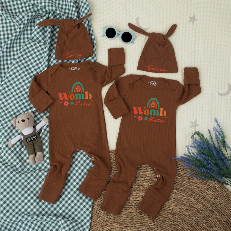 Womb Mates Twin Baby Outfit with Retro Rainbow Design Personalized Hat Custom Funny Newborn Rompers Cute Gift for Twins Baby Shower