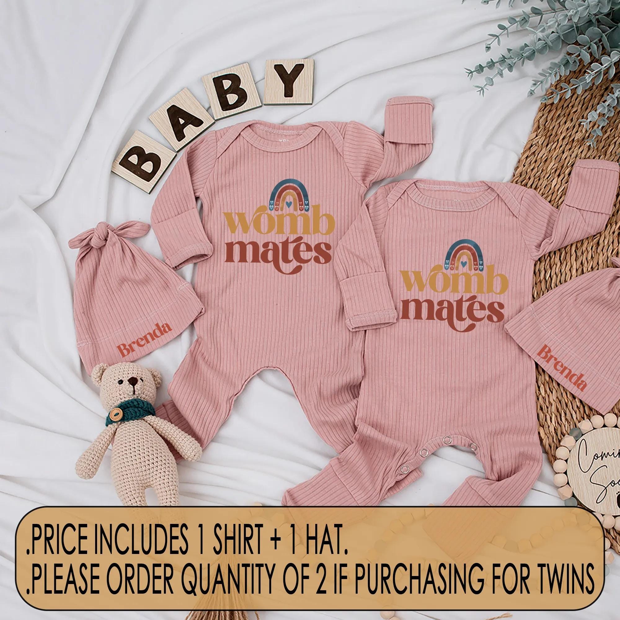 Womb Mates Twin Baby Rompers Custom Retro Rainbow Outfit Cute Newborn Gift Soft Cotton Infant Clothes Baby Shower Matching Set