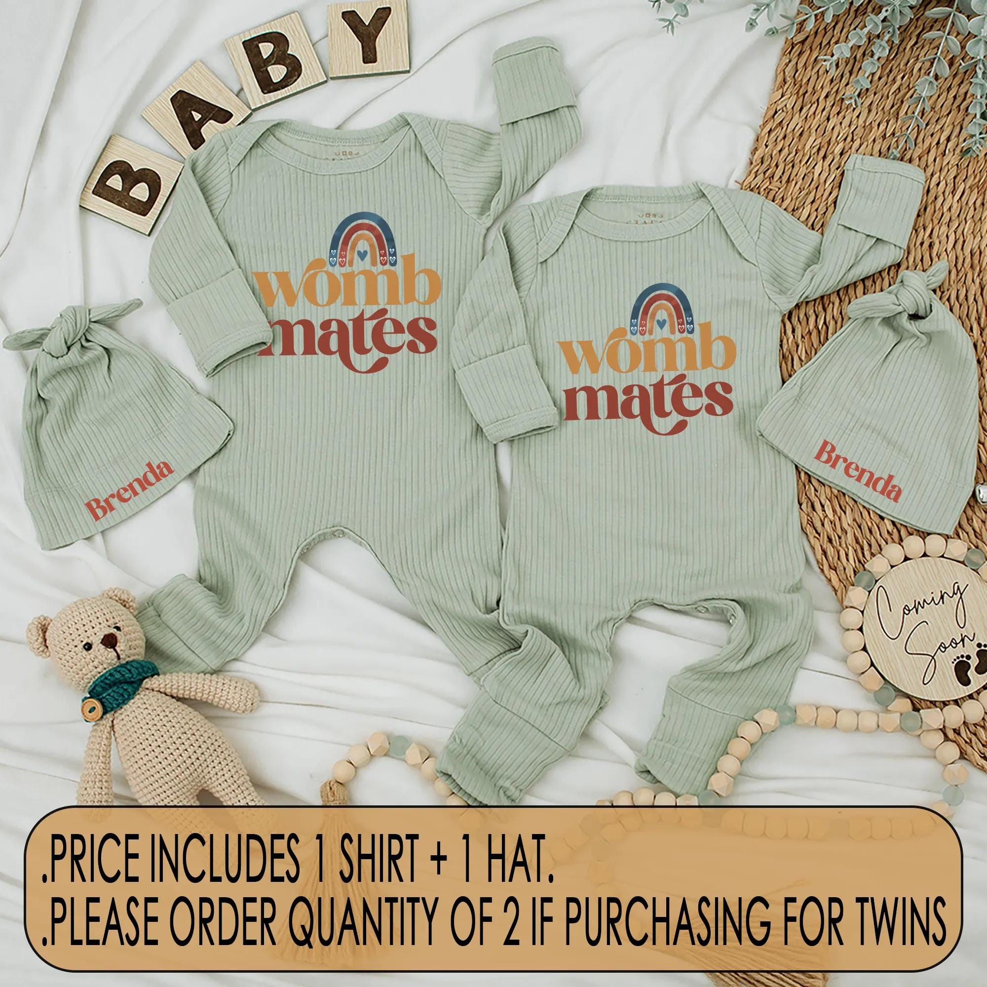 Womb Mates Twin Baby Rompers Custom Retro Rainbow Outfit Cute Newborn Gift Soft Cotton Infant Clothes Baby Shower Matching Set