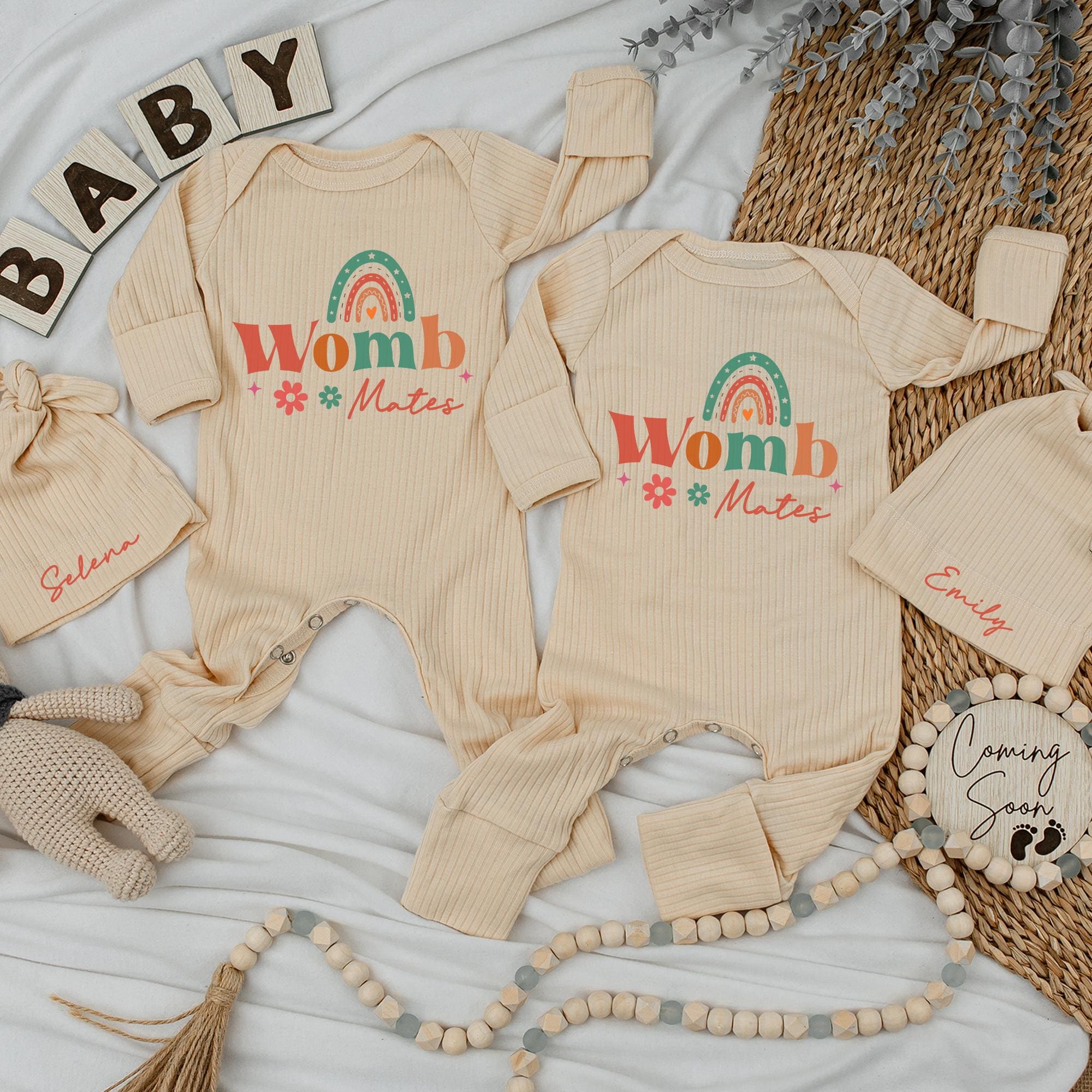 Womb Mates Twin Baby Rompers with Rainbow Design & Custom Name Hats, Ribbed Newborn Coming Home Outfit, Baby Shower Gift