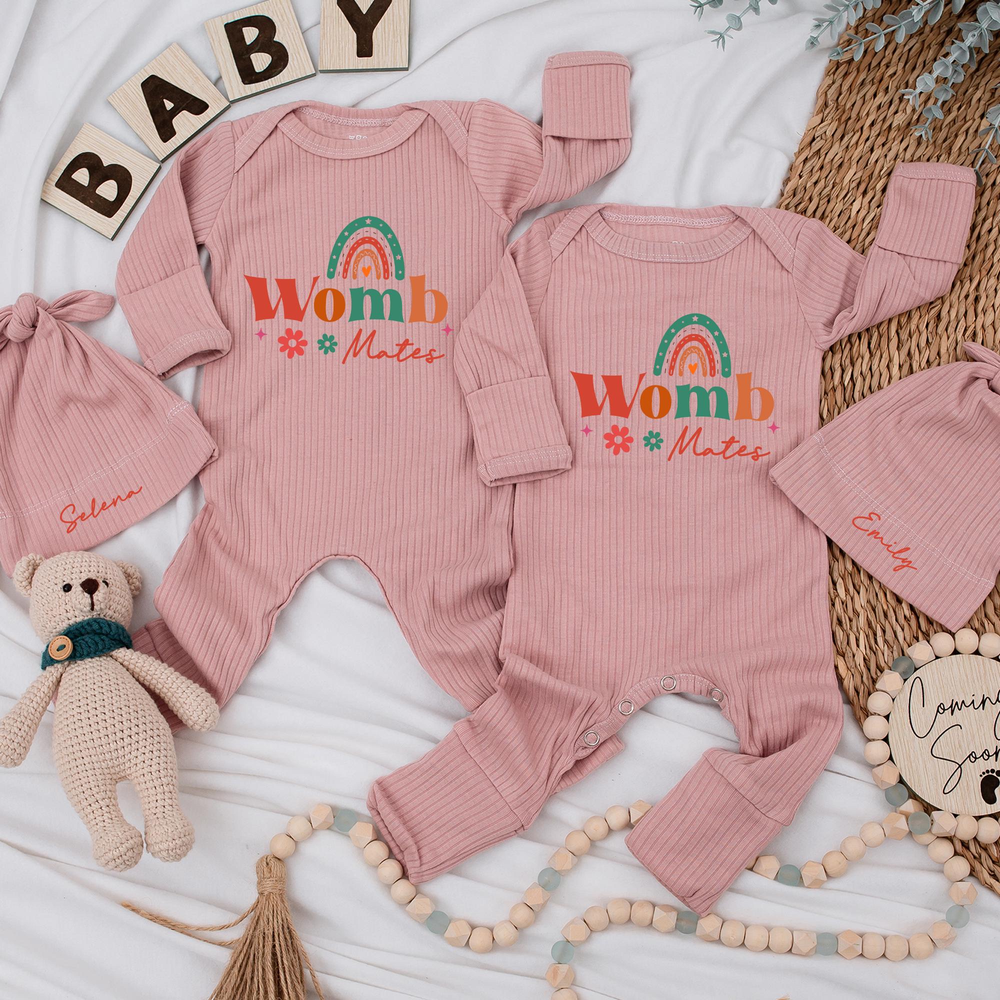 Womb Mates Twin Baby Rompers with Rainbow Design & Custom Name Hats, Ribbed Newborn Coming Home Outfit, Baby Shower Gift