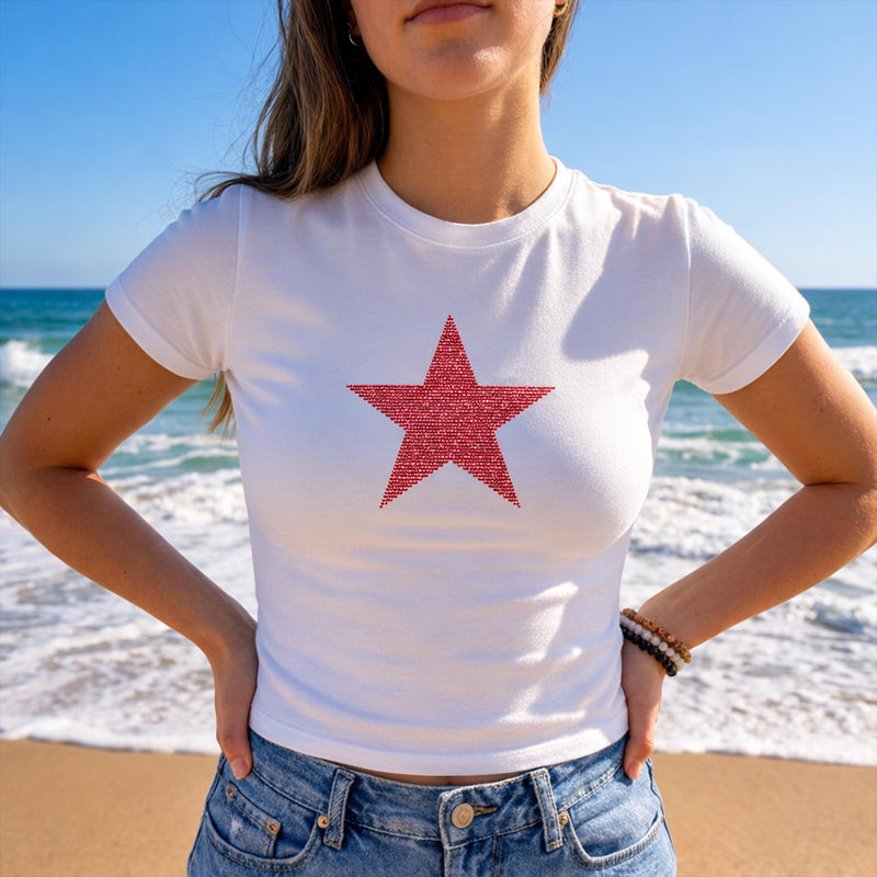 Women's White Baby Tee with Red Sequin Star Graphic, Soft Cotton Fitted Summer T-Shirt, Retro Y2K Style for Casual Wear or Gifting