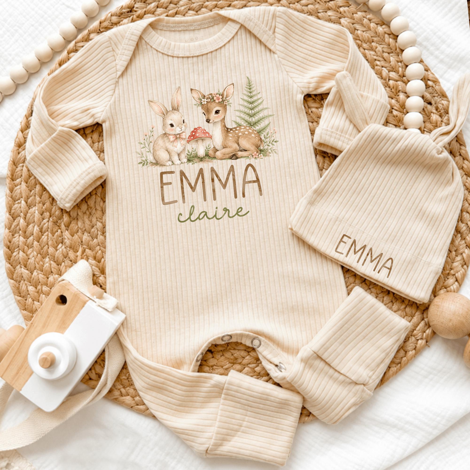 Woodland Animal Baby Girl Outfit with Bunny & Deer Graphic, Custom Name Bodysuit and Hat Set, Newborn Coming Home Clothes
