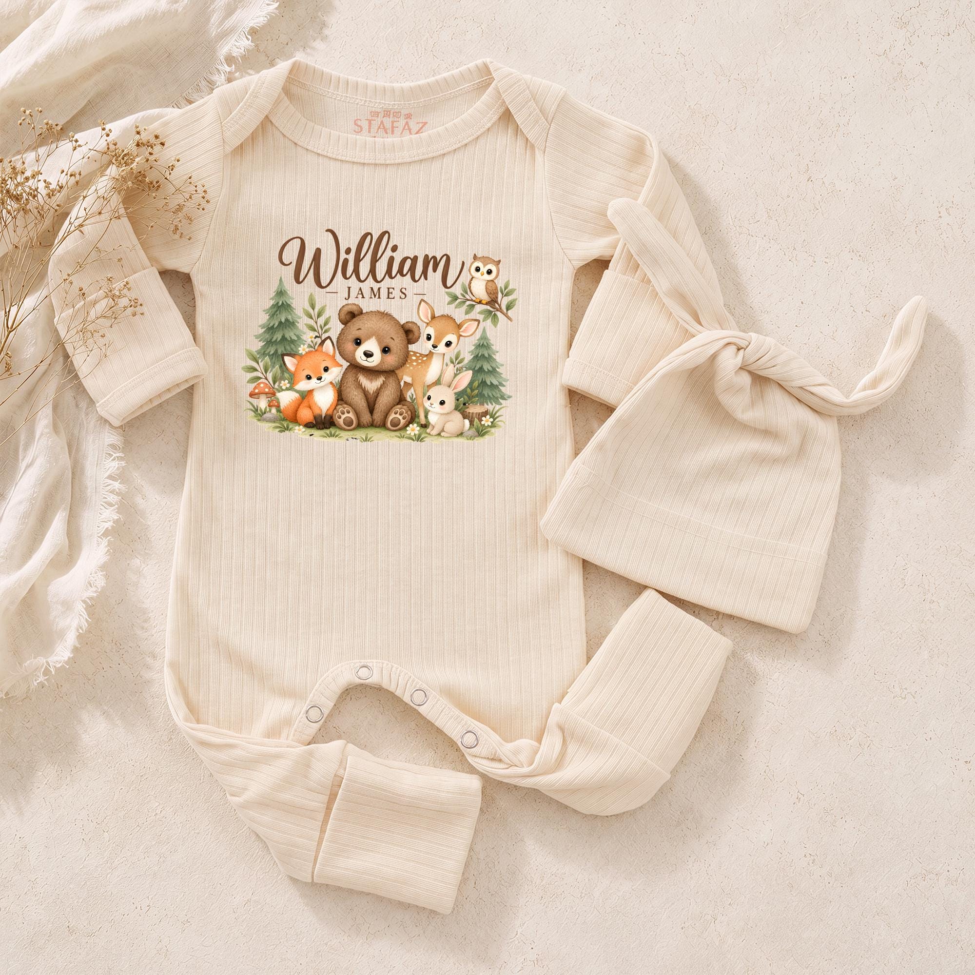 Woodland Animals Baby Bodysuit and Hat Set with Custom Name, Forest Theme Newborn Coming Home Outfit, Baby Shower Gift