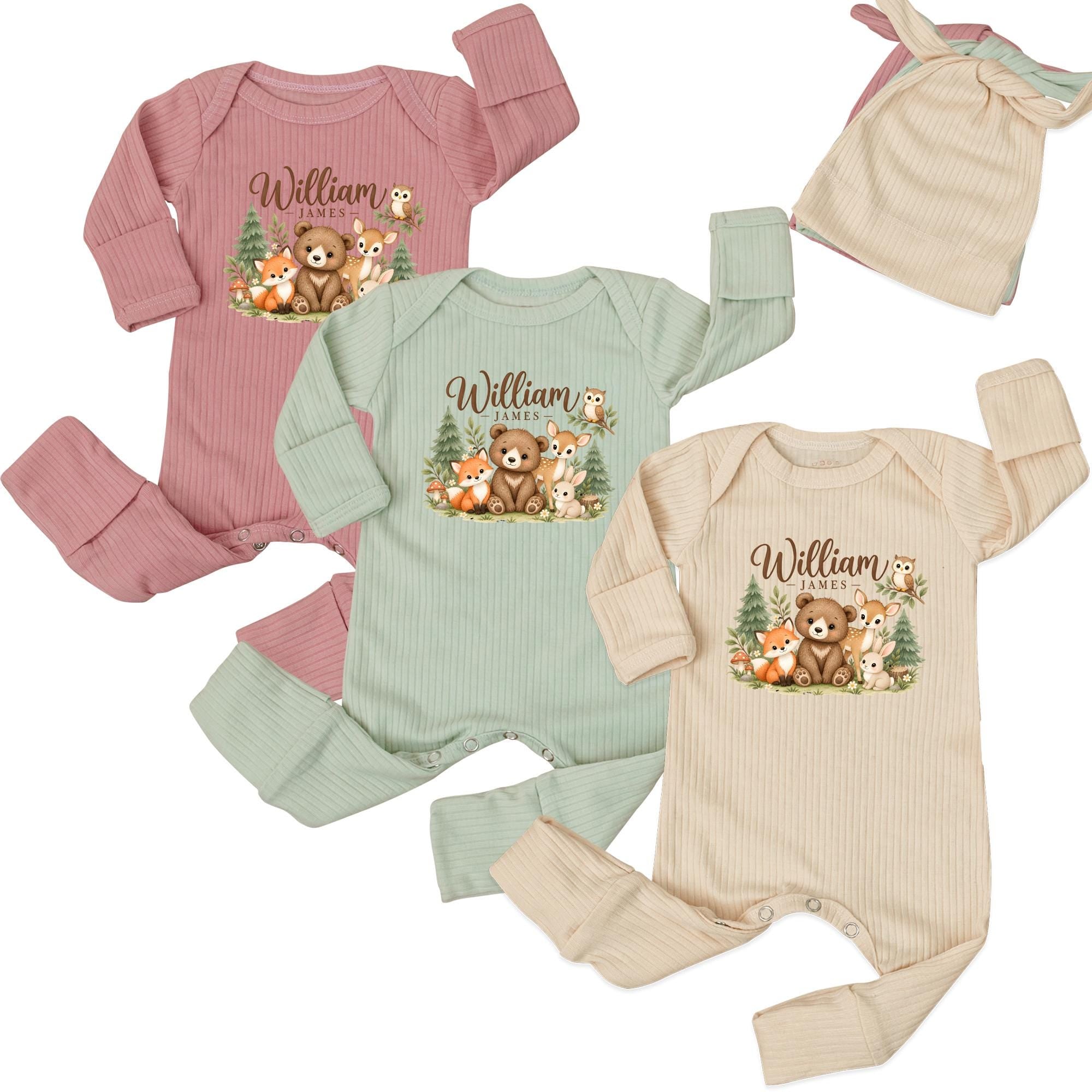 Woodland Animals Baby Bodysuit and Hat Set with Custom Name, Forest Theme Newborn Coming Home Outfit, Baby Shower Gift