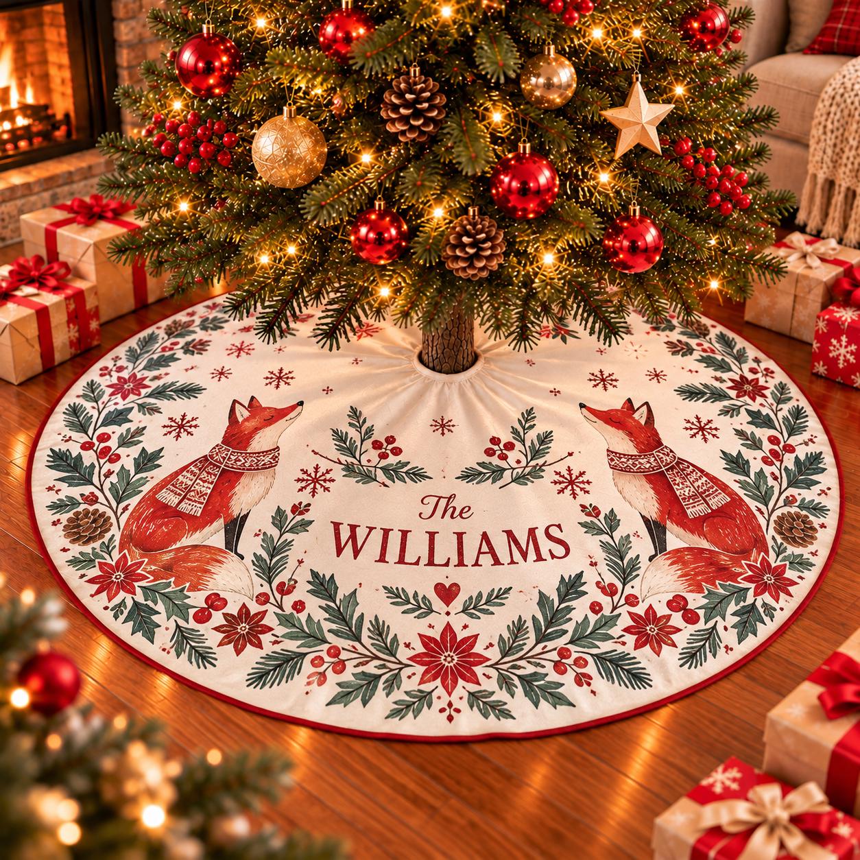 Woodland Fox Christmas Tree Skirt with Custom Family Name, Holiday Decor Featuring Festive Red Foxes and Winter Floral Design