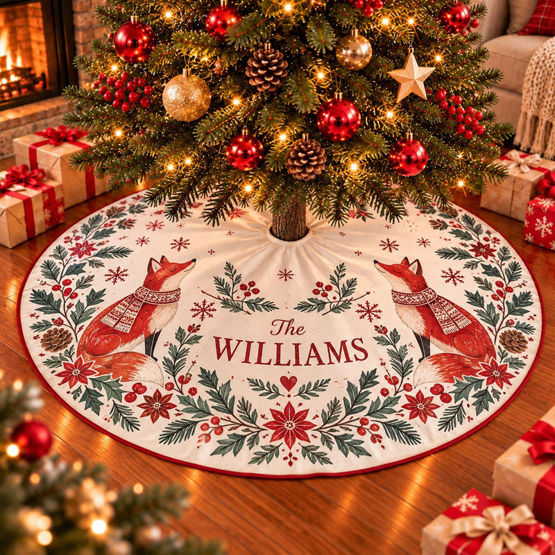 Woodland Fox Christmas Tree Skirt with Custom Family Name, Holiday Decor Featuring Festive Red Foxes and Winter Floral Design