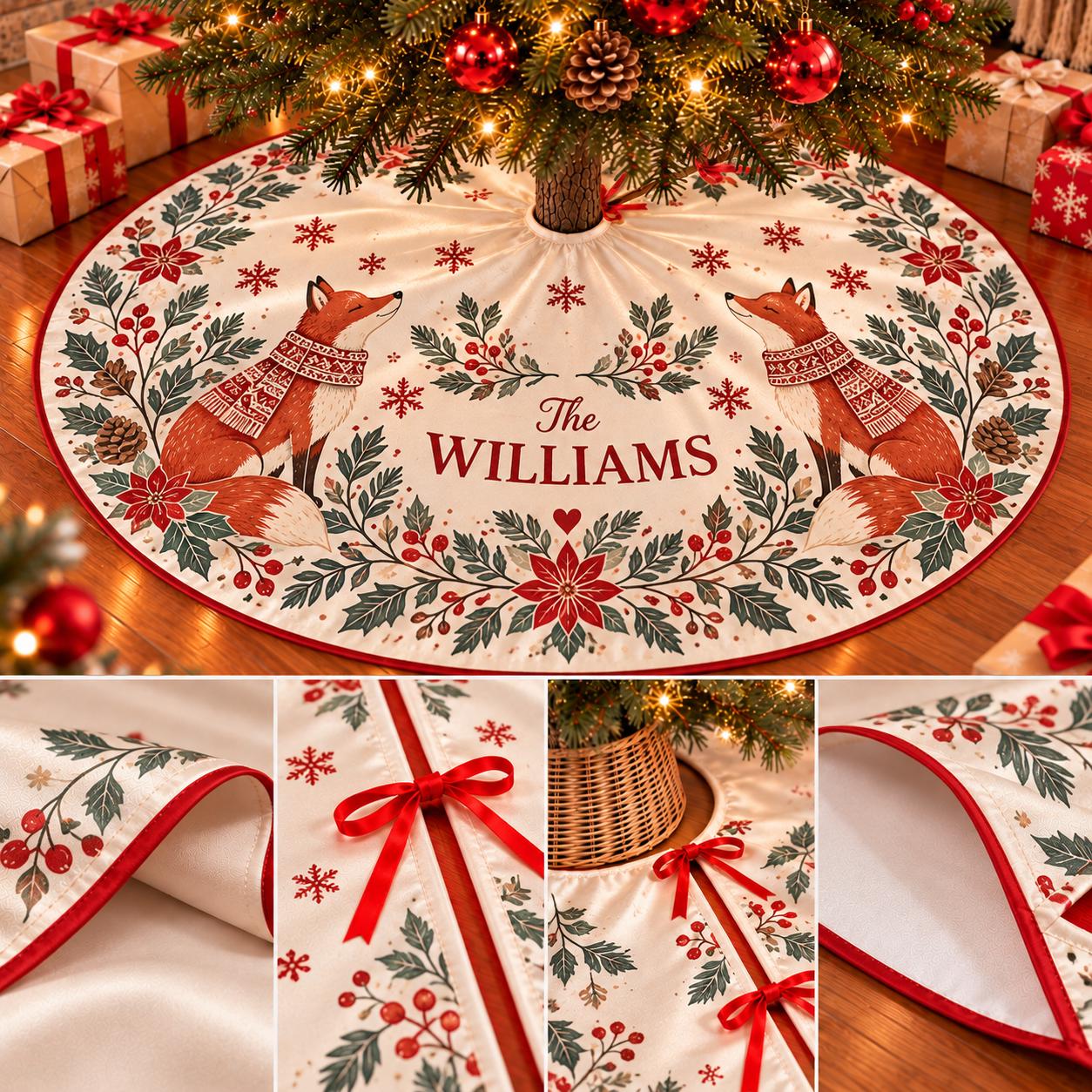 Woodland Fox Christmas Tree Skirt with Custom Family Name, Holiday Decor Featuring Festive Red Foxes and Winter Floral Design