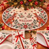 Woodland Fox Christmas Tree Skirt with Custom Family Name, Holiday Decor Featuring Festive Red Foxes and Winter Floral Design