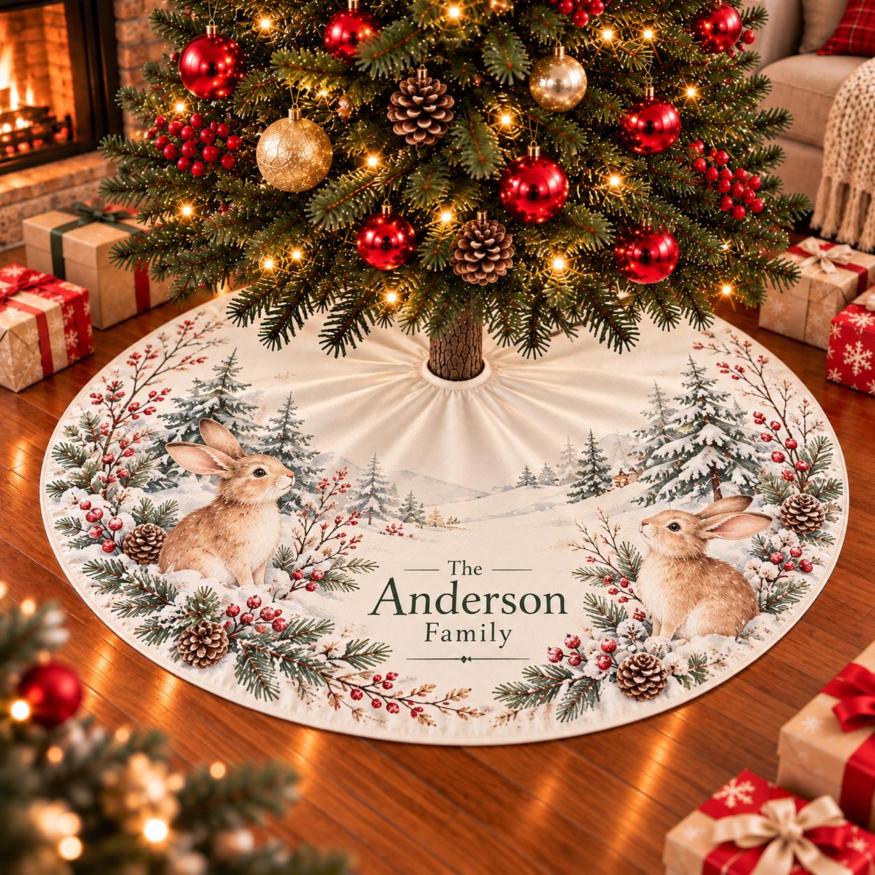 Woodland Rabbits and Pine Holiday Tree Skirt with Silk Finish, Custom Family Name, Christmas Decor for Cozy Winter Gatherings