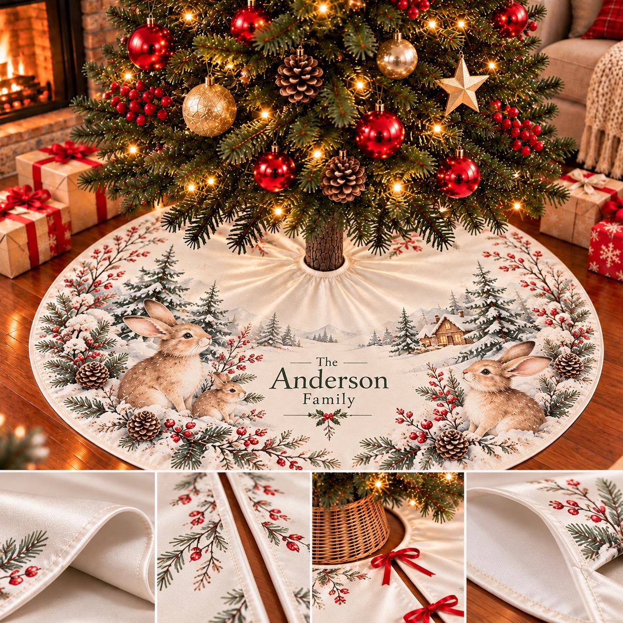 Woodland Rabbits and Pine Holiday Tree Skirt with Silk Finish, Custom Family Name, Christmas Decor for Cozy Winter Gatherings