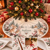 Woodland Rabbits and Pine Holiday Tree Skirt with Silk Finish, Custom Family Name, Christmas Decor for Cozy Winter Gatherings