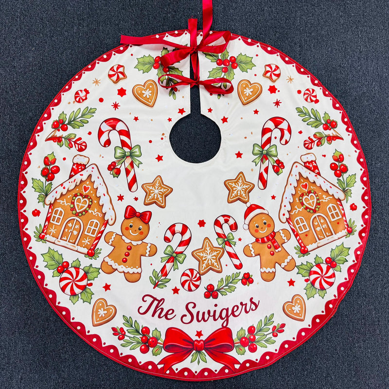 Woodland Rabbits and Pine Holiday Tree Skirt with Silk Finish, Custom Family Name, Christmas Decor for Cozy Winter Gatherings