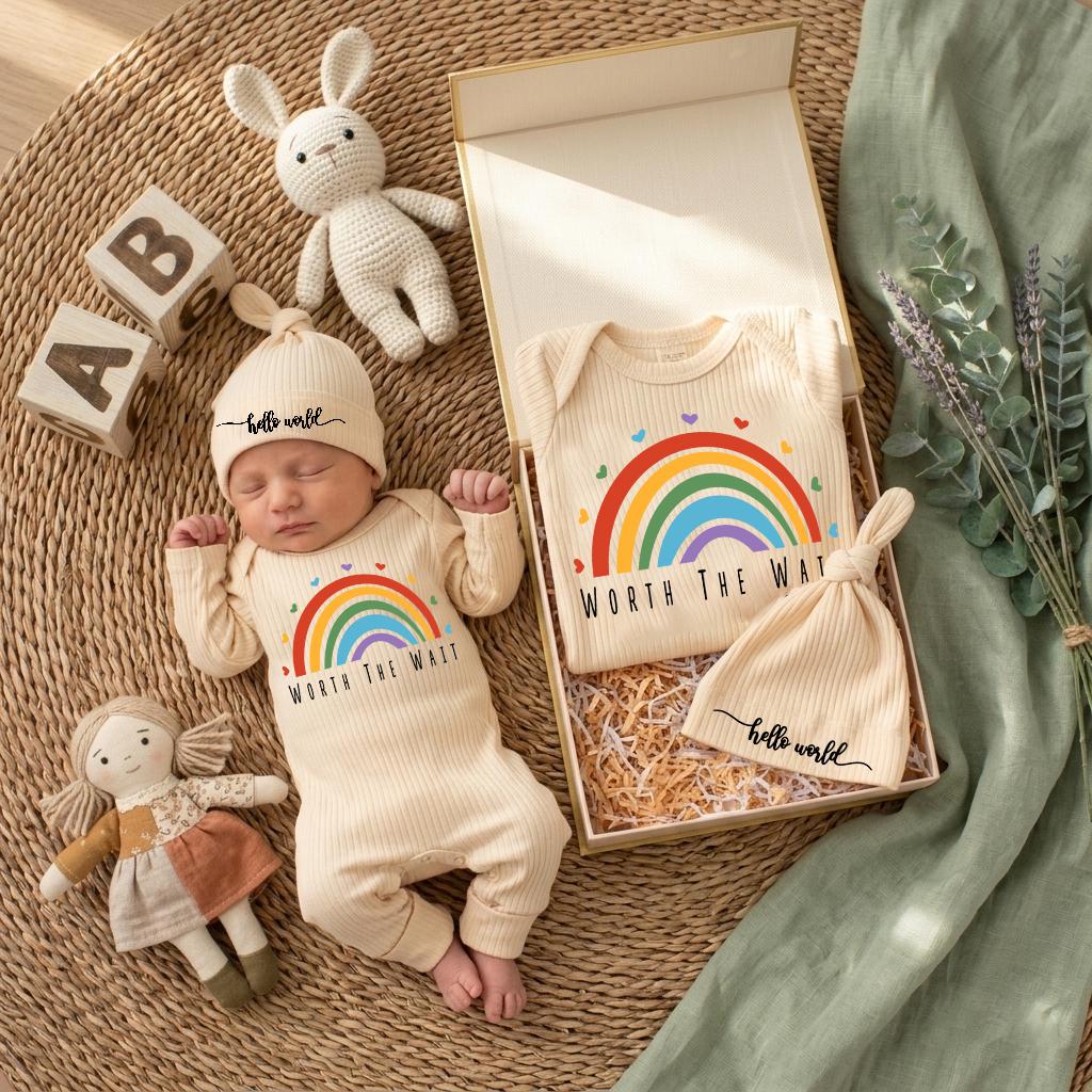 Worth the Wait Baby Bodysuit with Rainbow Design Personalized Newborn Outfit Gift Set Custom Coming Home Clothes Baby Shower Present