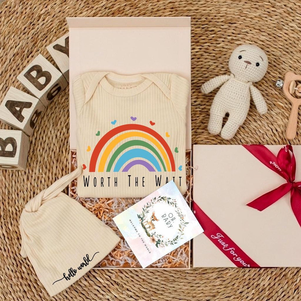 Worth the Wait Baby Bodysuit with Rainbow Design Personalized Newborn Outfit Gift Set Custom Coming Home Clothes Baby Shower Present