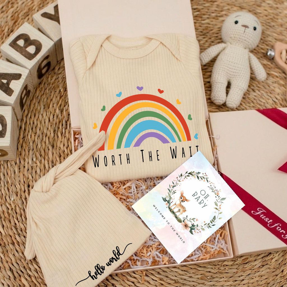 Worth the Wait Baby Bodysuit with Rainbow Design Personalized Newborn Outfit Gift Set Custom Coming Home Clothes Baby Shower Present
