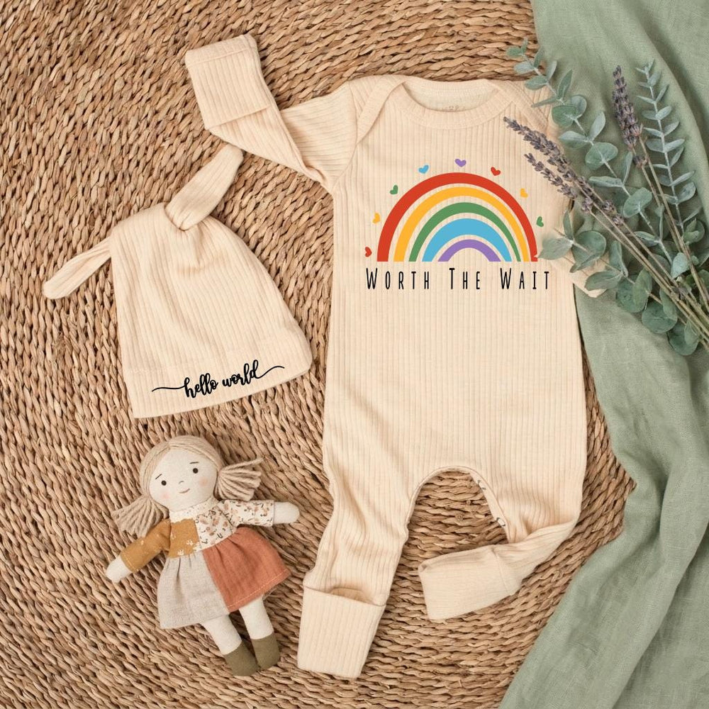 Worth the Wait Baby Bodysuit with Rainbow Design Personalized Newborn Outfit Gift Set Custom Coming Home Clothes Baby Shower Present