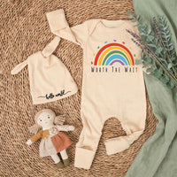 Worth the Wait Baby Bodysuit with Rainbow Design Personalized Newborn Outfit Gift Set Custom Coming Home Clothes Baby Shower Present