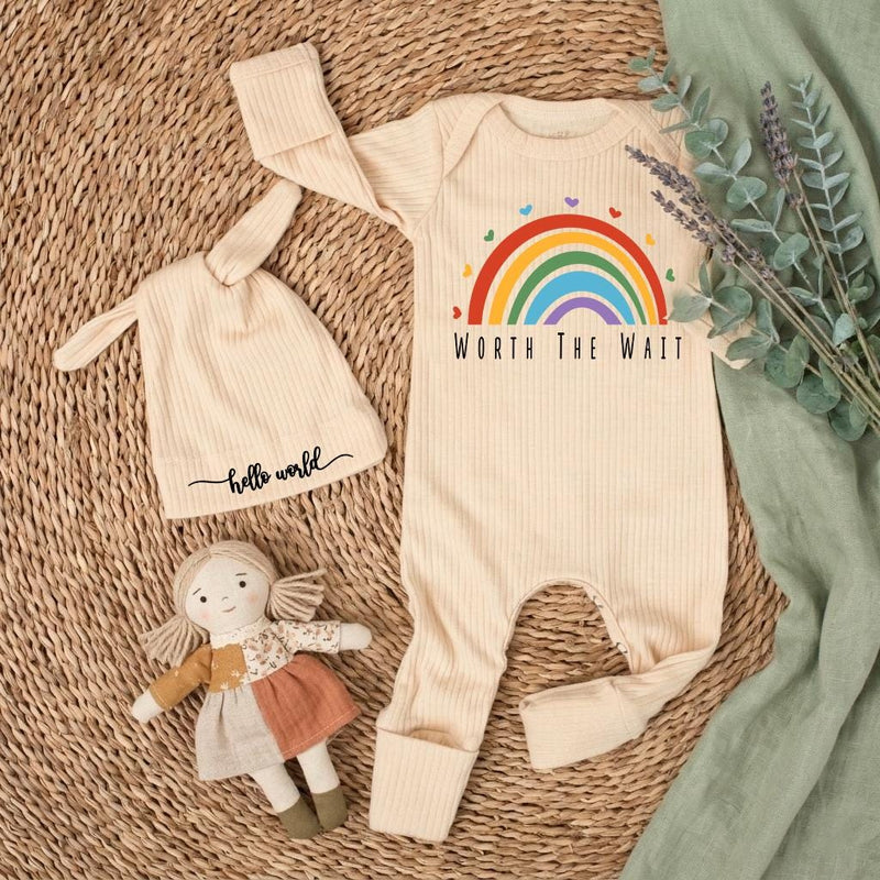 Worth the Wait Baby Bodysuit with Rainbow Design Personalized Newborn Outfit Gift Set Custom Coming Home Clothes Baby Shower Present