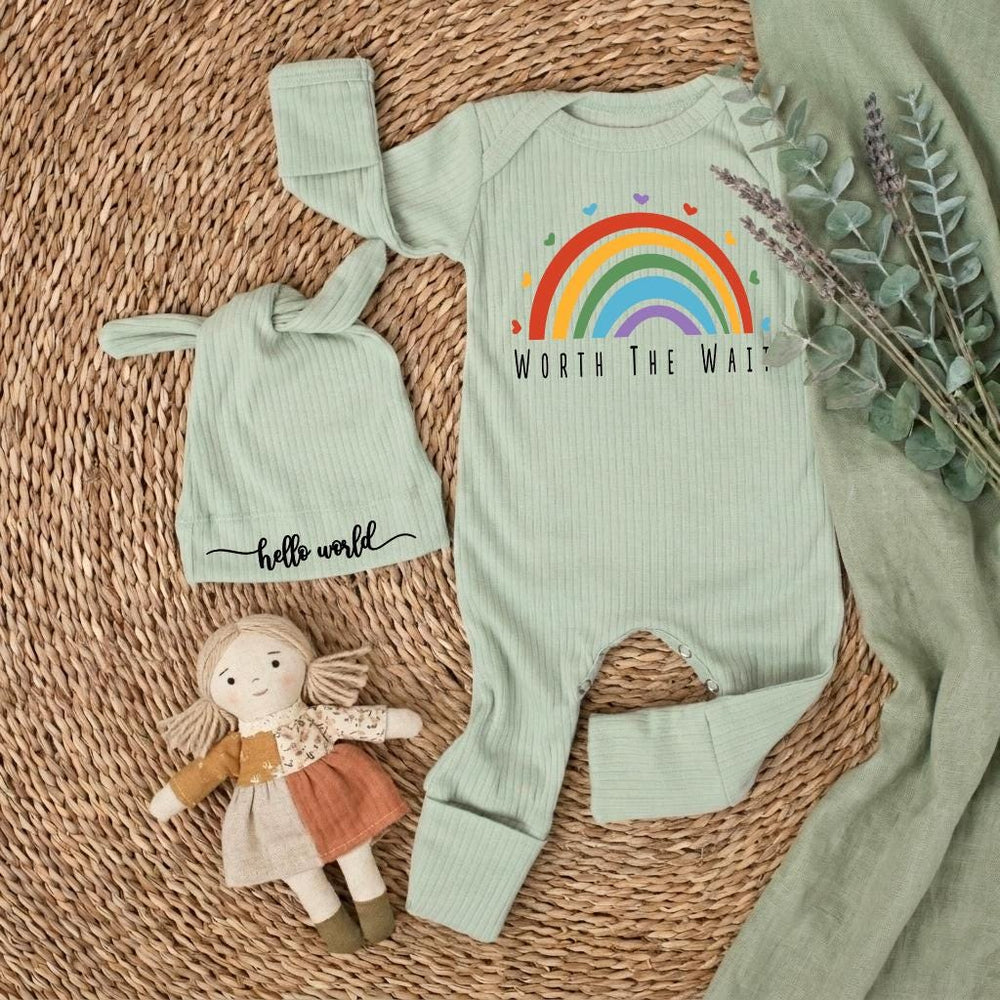 Worth the Wait Baby Bodysuit with Rainbow Design Personalized Newborn Outfit Gift Set Custom Coming Home Clothes Baby Shower Present
