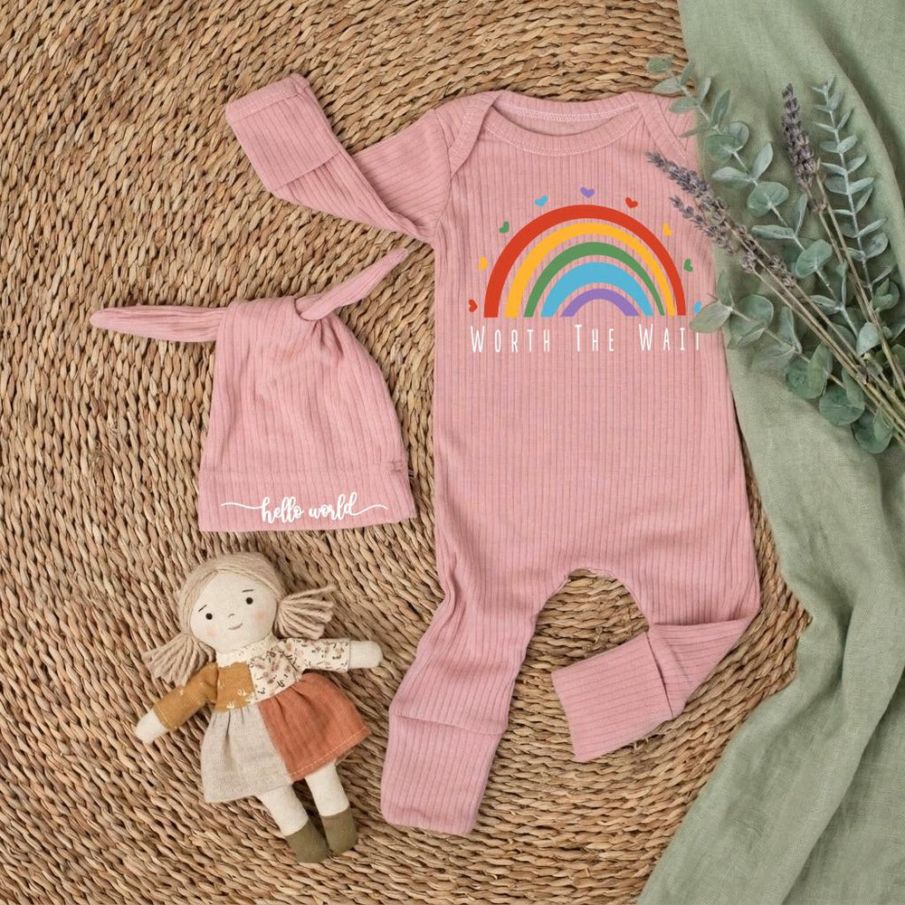Worth the Wait Baby Bodysuit with Rainbow Design Personalized Newborn Outfit Gift Set Custom Coming Home Clothes Baby Shower Present