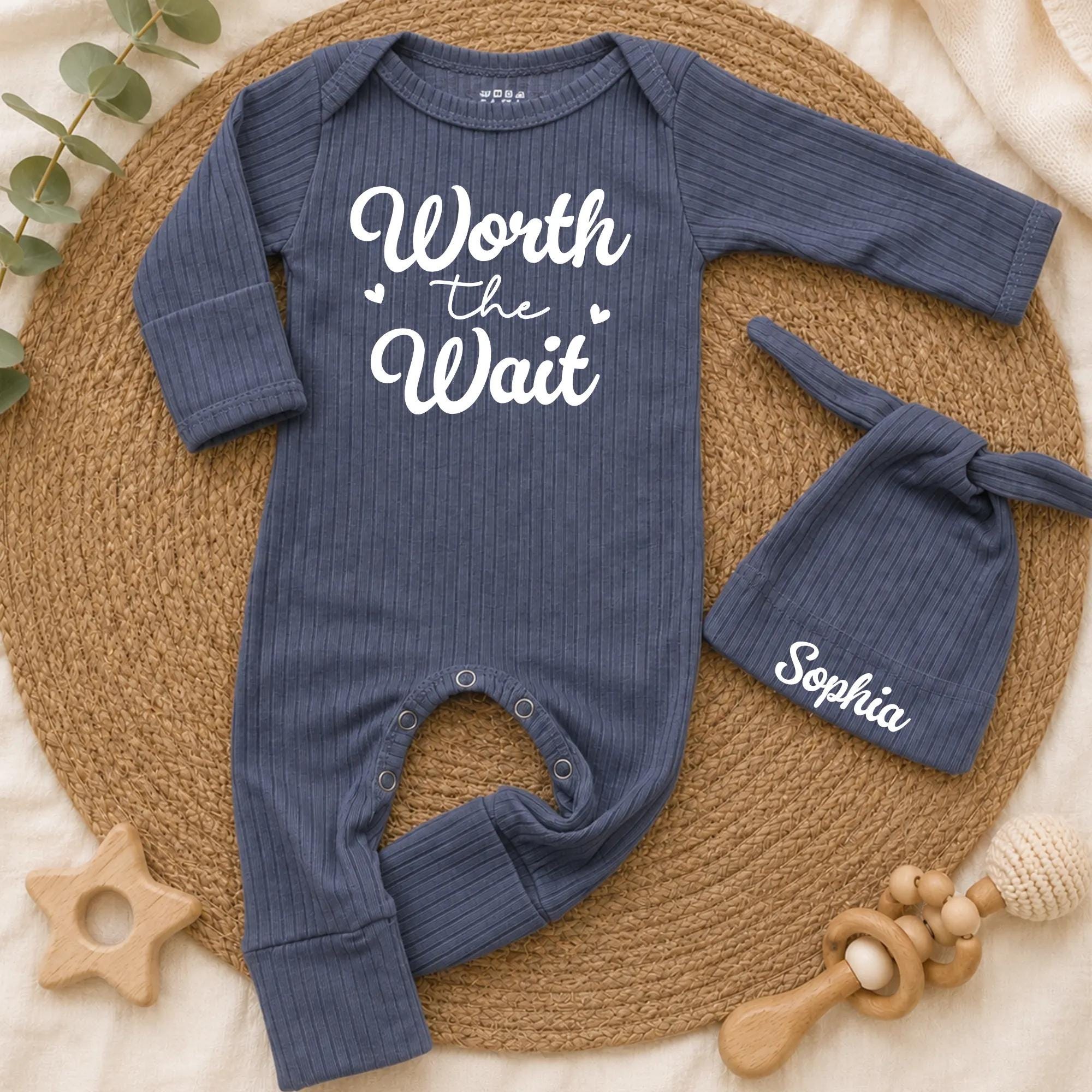 Worth the Wait Baby Romper with Custom Name Hat, Newborn Coming Home Outfit, Soft Ribbed Long Sleeve Infant Gift Set