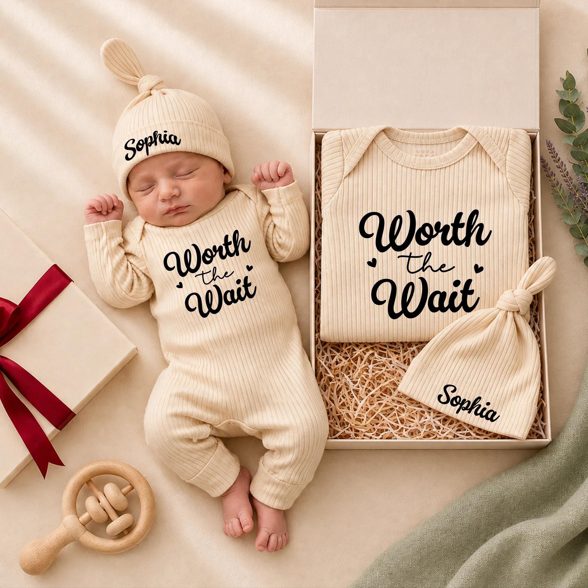 Worth the Wait Baby Romper with Custom Name Hat, Newborn Coming Home Outfit, Soft Ribbed Long Sleeve Infant Gift Set
