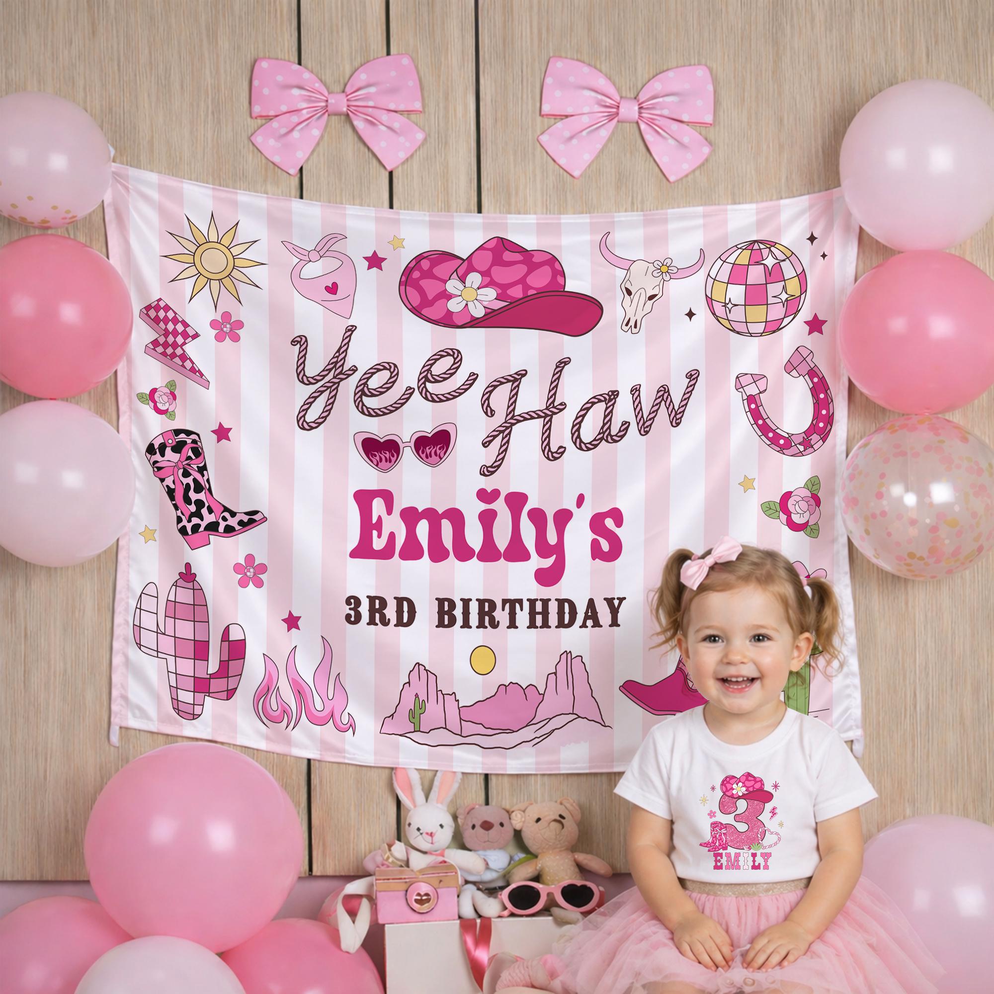 Yee Haw 3rd Birthday Silk Banner with Pink Western Theme, Custom Name Backdrop for Girls, Space Cowgirl Party Decoration