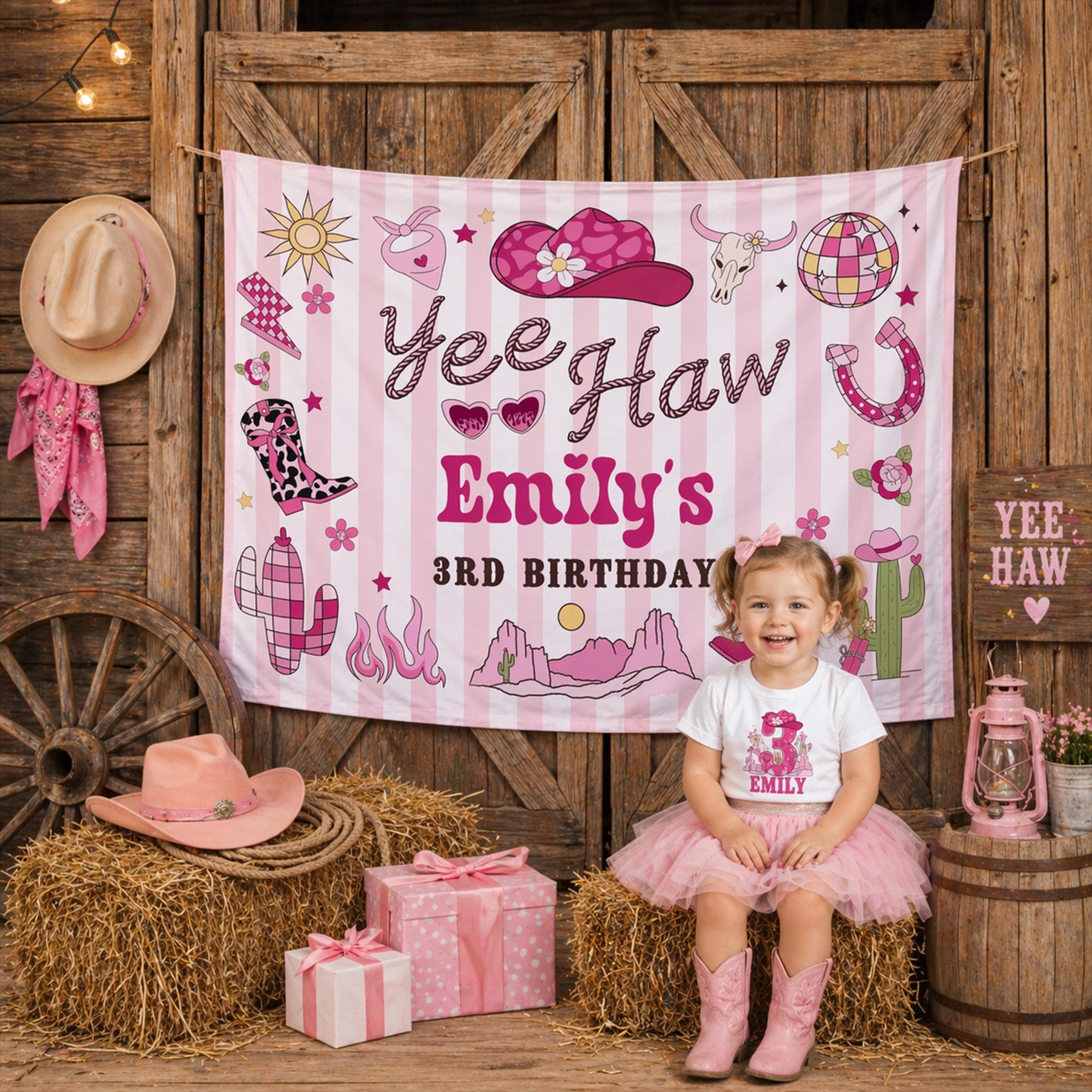 Yee Haw 3rd Birthday Silk Banner with Pink Western Theme, Custom Name Backdrop for Girls, Space Cowgirl Party Decoration