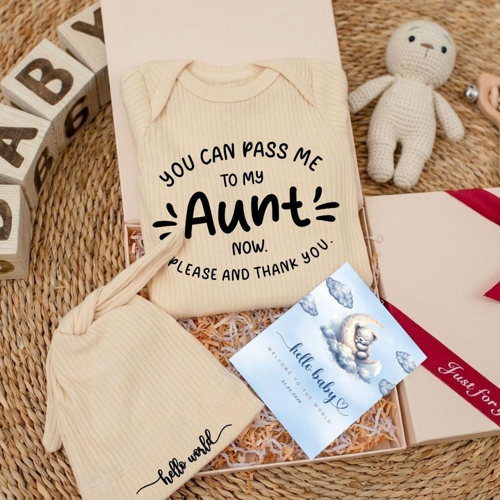 You Can Pass Me to My Aunt Baby Bodysuit Gender Neutral Outfit Minimalist Design Infant Coming Home Gift for Newborns Soft Cotton Clothing