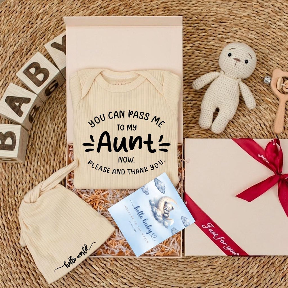 You Can Pass Me to My Aunt Baby Bodysuit Gender Neutral Outfit Minimalist Design Infant Coming Home Gift for Newborns Soft Cotton Clothing